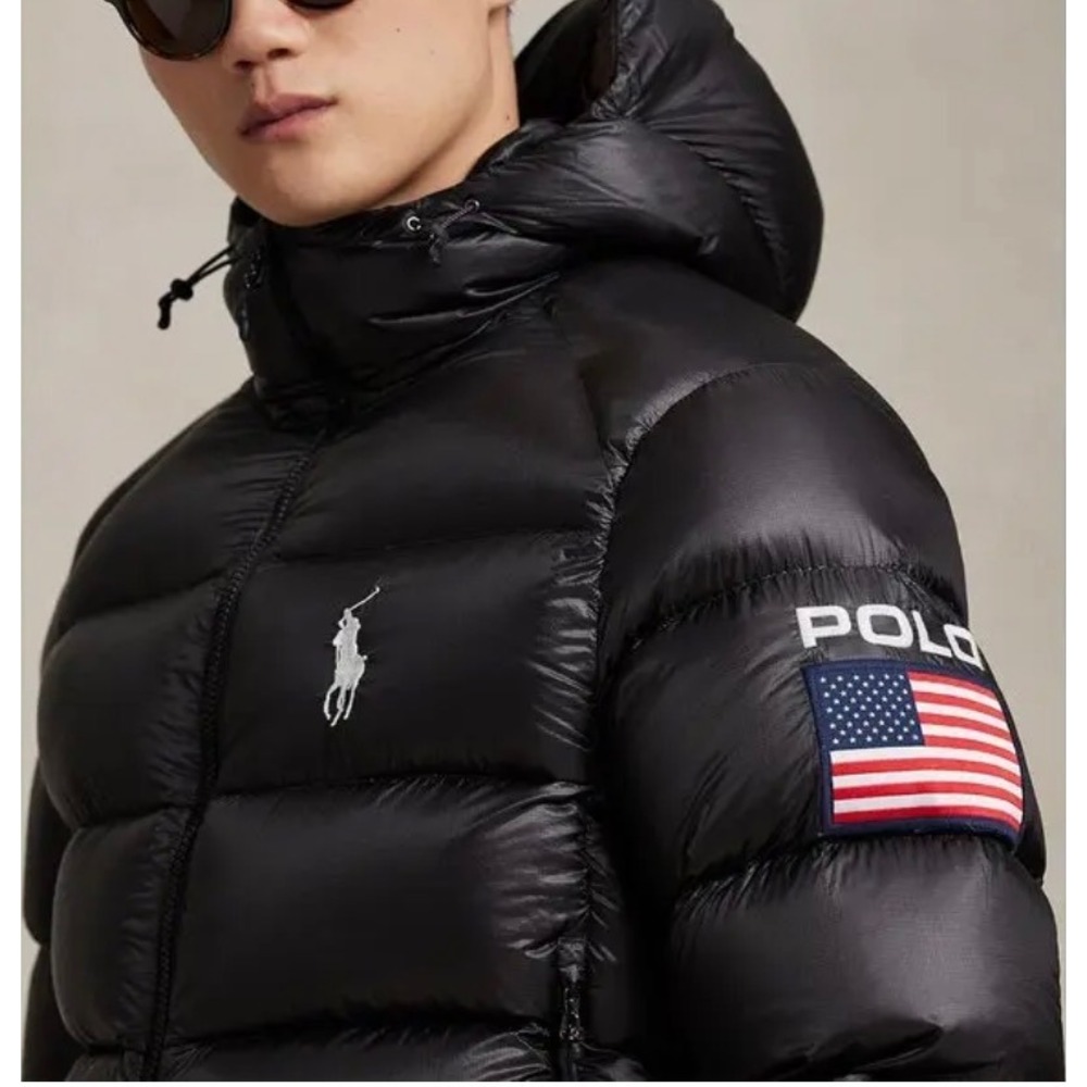 Polo Ralph Lauren Mens Size XXL Down Puffer Jacket Black USA Flag Hooded NWOT